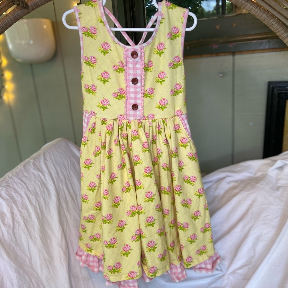 Swoon Boutique Yellow Floral Dress with Pink Gingham Accents